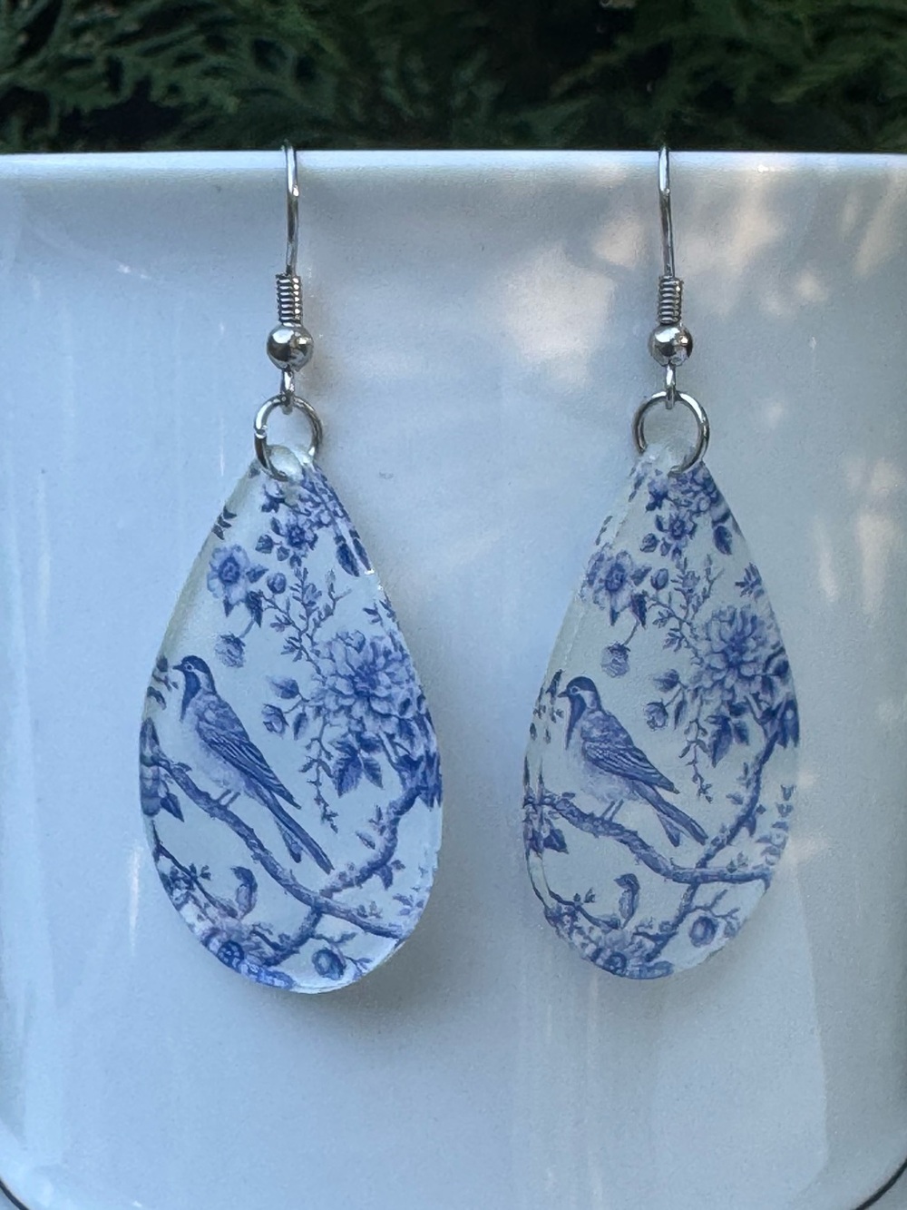 Acrylic Blue and White Bird Teardrop Earrings 2.25 “ drop